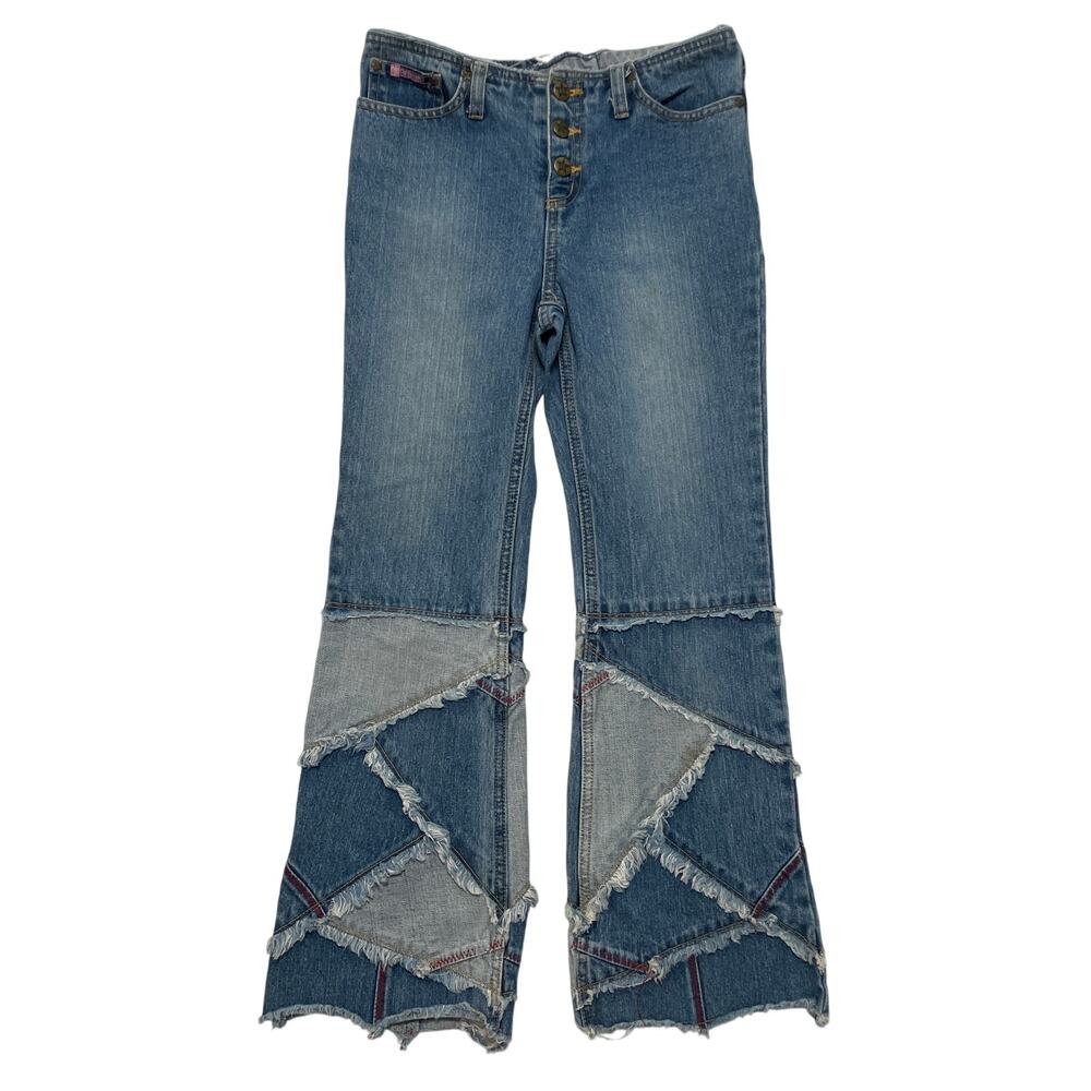 VTG 90's Y2K Kids Bubblegum Patchwork Button Fly Bootcut Blue Denim Jeans 10/12
